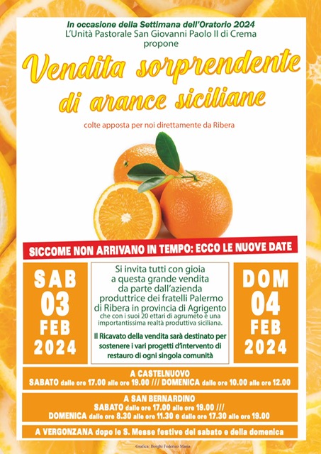 Sabato 3 e domenica 4 febbraio, don Lorenzo Roncali e la sua Unità Pastorale San Giovanni Paolo II lanciano la vendita delle arance benefiche