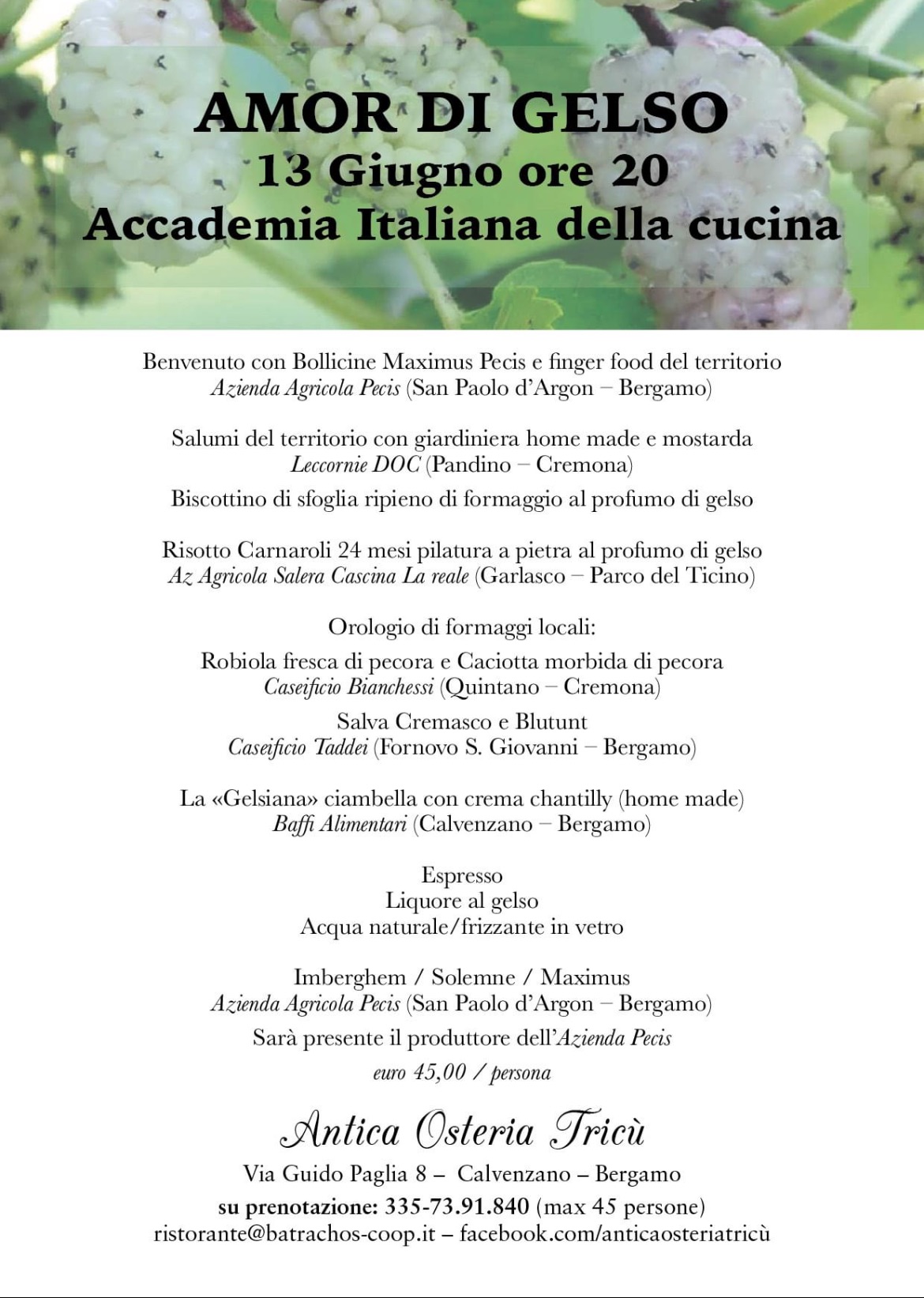 Grandioso in quel bel posto dell’Osteria del Tricù: da una sinergia tra l’Accademia della Cucina e Annalisa Andreini ecco “Amor di Gelso”