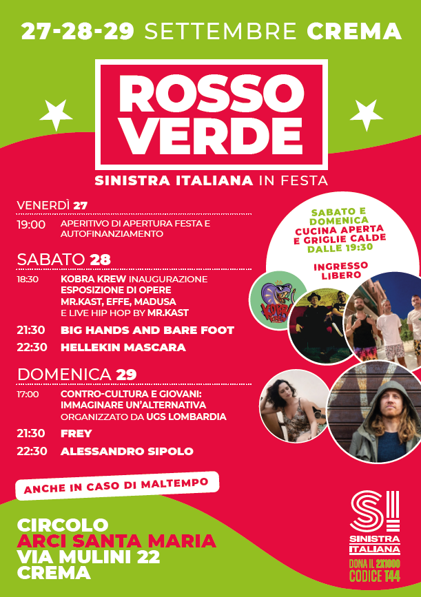 Rossoverde: Il 27, 28 e 29 settembre torna la festa della Sinistra a Crema!